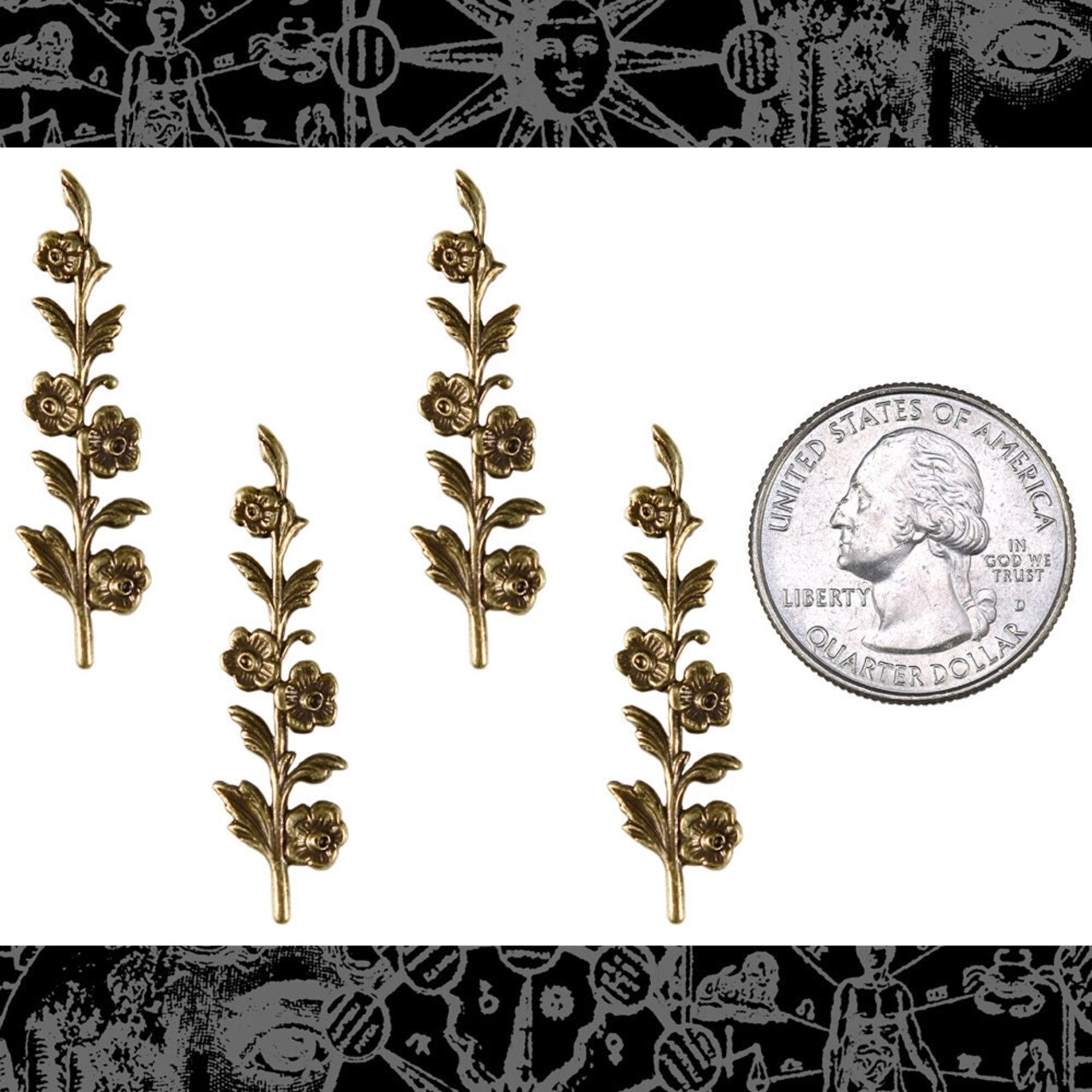 Antiqued Brass Floral Spray Embellishment Charms - Set of Four - AB-C20